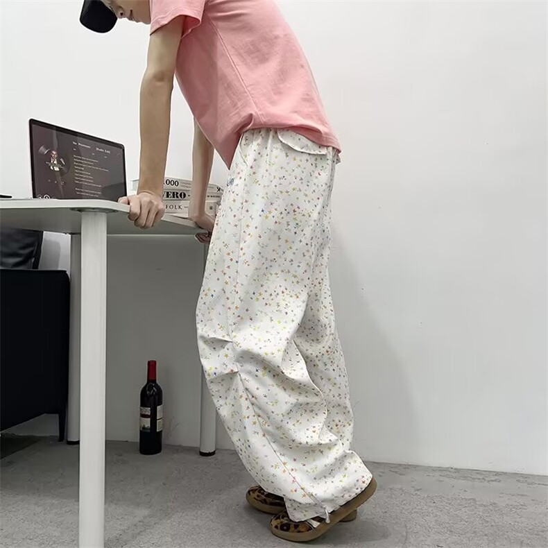 V163-P38 夏季休闲裤宽松直筒裤子字母刺绣多彩星星裤多巴胺男女图片