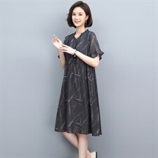 雪纺连衣裙女夏2024新款中年妈妈宽松显瘦大码中长款休闲a字裙子，女装连衣裙，忆绮罗