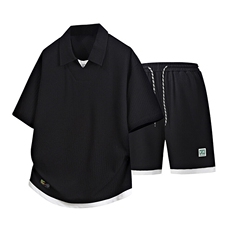 立体得物套装夏季潮牌痞帅宽松拼接短袖休闲两件套A436-T09-P65，男装休闲套装，电商A436