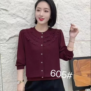 春季新款圆领大码荷叶蕾丝花边女士小衫木耳边洋气百搭时尚图片