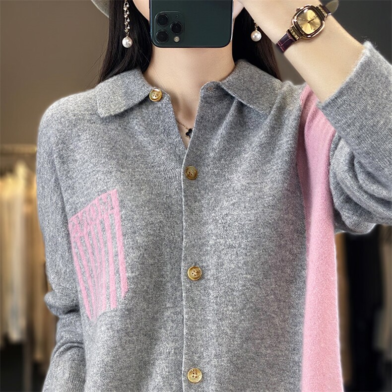 25春秋新款100%羊毛开衫女POLO领针织毛衣宽松拼色长袖羊绒衫外套,女装羊毛衫,秋虹羊绒