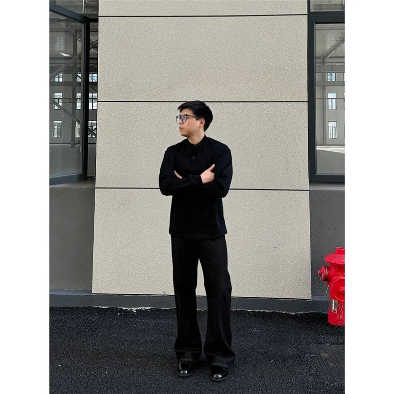 加绒亨利领长袖t恤男秋冬季解构拼接设计感正肩打底衫卫衣WY031,男装T恤,星座516A