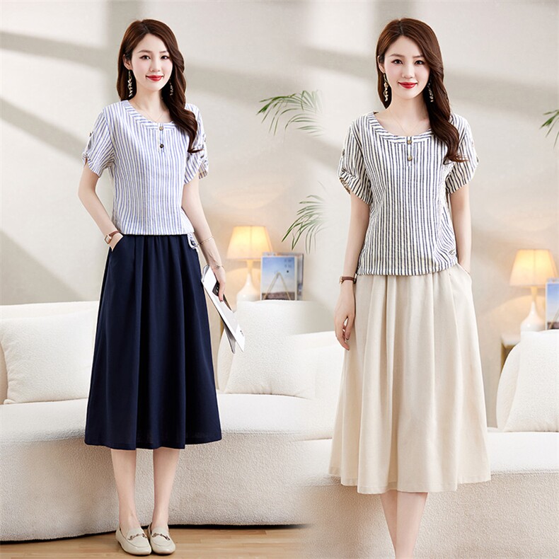 罗得堡2023年夏季新款时尚气质韩版短袖棉麻套装9815，女装套装/套裙，罗得堡