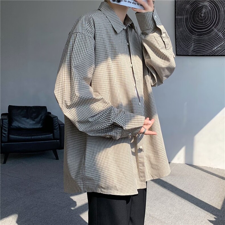 复古v无性别格子衬衫男长袖格纹衬衣春秋宽松情侣外套C214/P48,男装衬衫,星座506