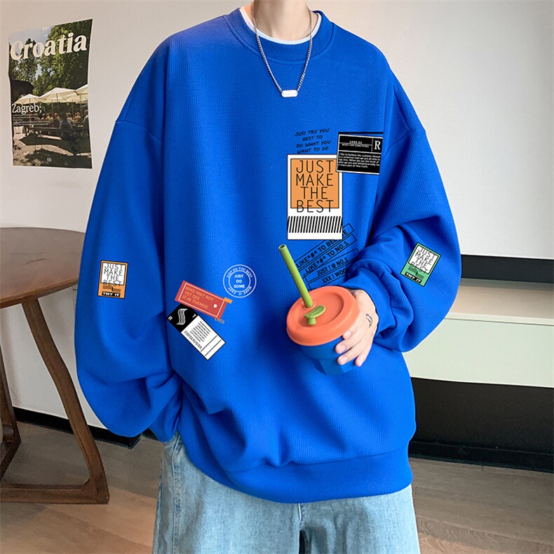 华夫格卫衣圆领卫衣男大码长袖t恤男外套HW76121-P30加绒款-P40,男装卫衣,电商A040