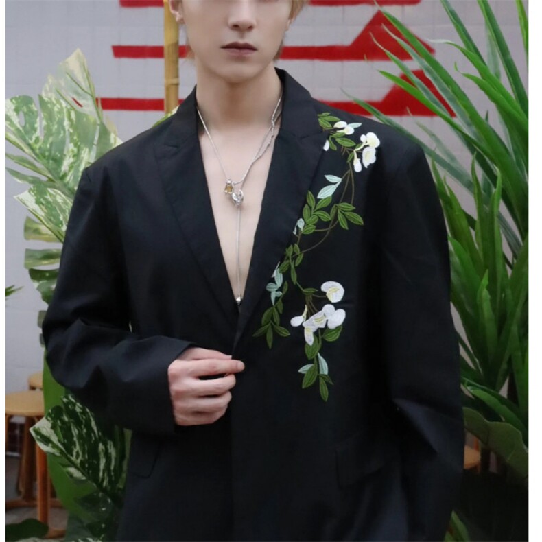 春秋新中式重工刺绣山茶花中山装西服外套男复古痞帅高级感西服潮图片