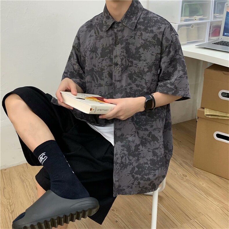 夏季扎染短袖衬衫男韩版潮流宽松ins半袖衣服港风帅气衬衣c66-p35，男装T恤，星座1008-2