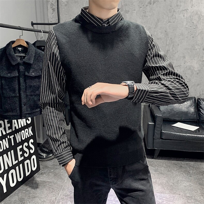 （店主风）秋冬针织衫毛衣男士假两件衬衫领打底衫C301B-MY15图片