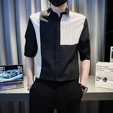 设计感拼接衬衫男短袖休闲痞帅冰丝衬衣服男士夏季翻领五分袖寸衫，男装T恤，星座218-1（原230）