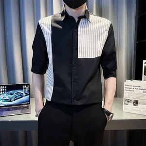 设计感拼接衬衫男短袖休闲痞帅冰丝衬衣服男士夏季翻领五分袖寸衫图片