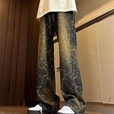 水洗做旧满印提花牛仔裤男款潮牌痞帅炸街裤子美式高街微喇直筒裤，男装牛仔裤，星座302B-2