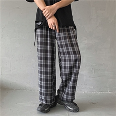 夏款男休闲格子裤宽松阔腿下坠直筒条纹九分裤，男装休闲裤，星座1013-1