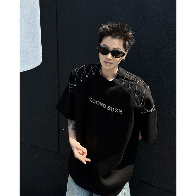现货！25春夏男士设计感链条绑带垫肩T恤短袖DX177-P78,男装T恤,电商B288