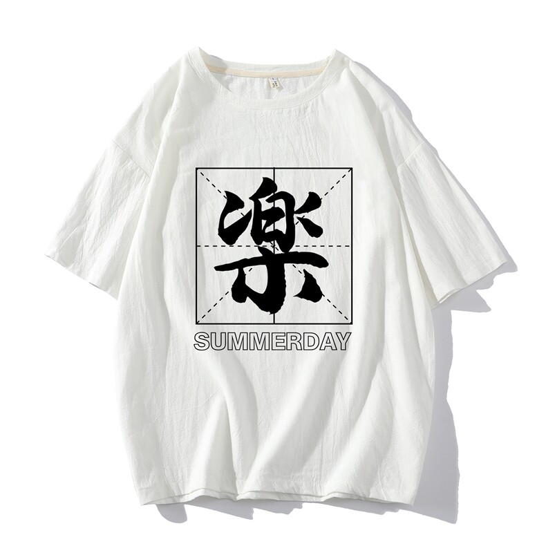 YT26197-P30亚麻短袖t恤男大码五分袖男宽松七分袖海报风,男装T恤,电商A040