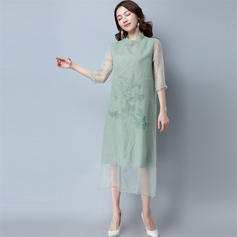 立领通勤连衣裙2021年夏季长裙印花韩版纱网长裙潮流纯色,女装连衣裙,独衣靓