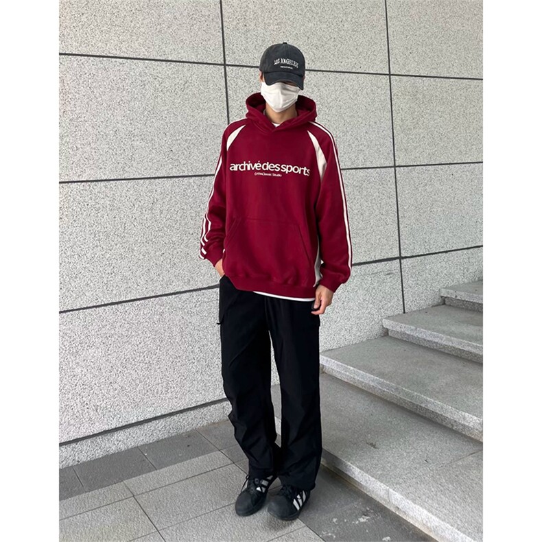 抖音得物品质美式高街宽松结构拼接撞色连帽印花卫衣外套W13301，女装短外套，电商A443