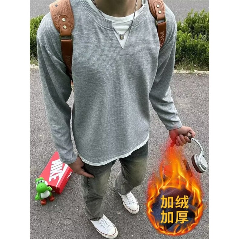 黑色假两件长袖t恤男春秋重磅硬挺无帽卫衣cleanfit高级感打底衫图片