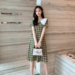 2021夏新款韩版蕾丝拼接格子裙复古连衣裙学院风大码女装+图片