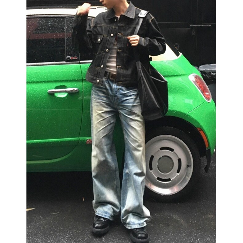 美式水洗蓝牛仔裤男秋潮牌街头复古宽松直筒裤子cleanfit百搭长裤,男装牛仔裤,四季星座505