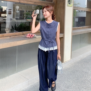 盐甜系小个子格纹背心套装女夏新款轻薄休闲显瘦牛仔阔腿裤两件套图片