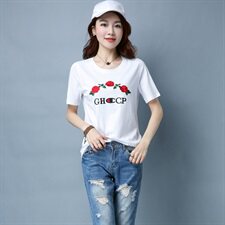 【货源稳定常年不下架】2025年夏季短袖中长款纯色圆领绣花T恤，女装T恤，板酷