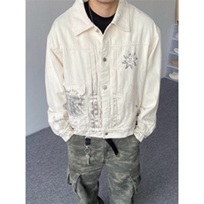 JK8971-P68秋季新款美式做旧脏染复古翻领牛仔夹克印花宽松潮流，男装T恤，电商B323A