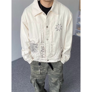 JK8971-P68 秋季新款美式做旧脏染复古翻领牛仔夹克印花宽松潮流图片