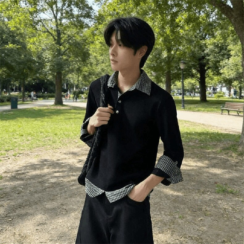 得物抖音高品质二开夏季美式潮牌假两件条纹衬衫翻领高街短袖T恤,男装T恤,电商A486