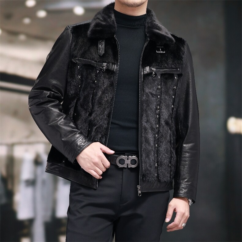 BIJ2503冬季新款海宁真皮羽绒服男夹克翻领时尚男装机车油蜡皮衣图片