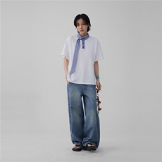 蓝色格子领带航海系短袖男设计感小众夏季正肩t恤假两件polo衫，男装Polo衫，星座1210-1