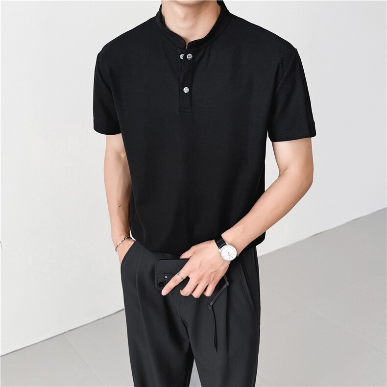 夏季透气短袖新中式亨利领polo衫大翻领收袖口运动健身男士T恤,男装Polo衫,四季星座505