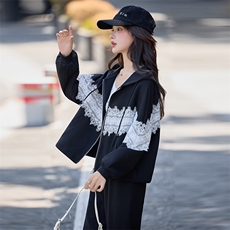水衣源2788款时尚运动休闲连帽蕾丝拼接针织套装女，女装套装/套裙，水衣源