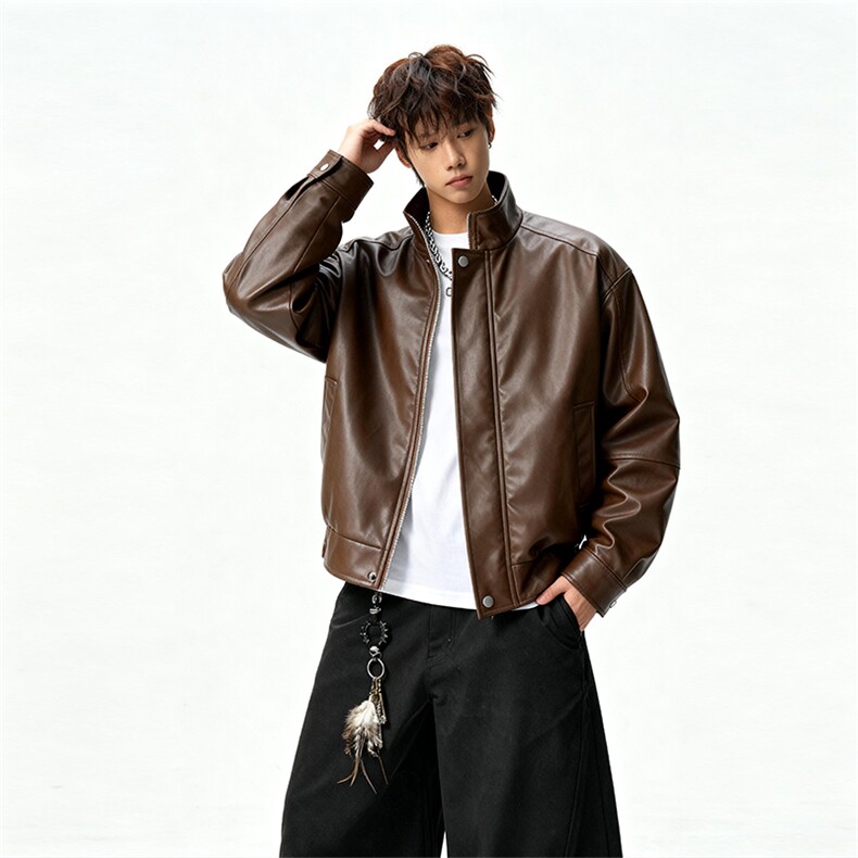 2026新款飞行员PU皮立领拼接宽松皮衣夹克外套男J5274-特P70控138，男装夹克，电商A001
