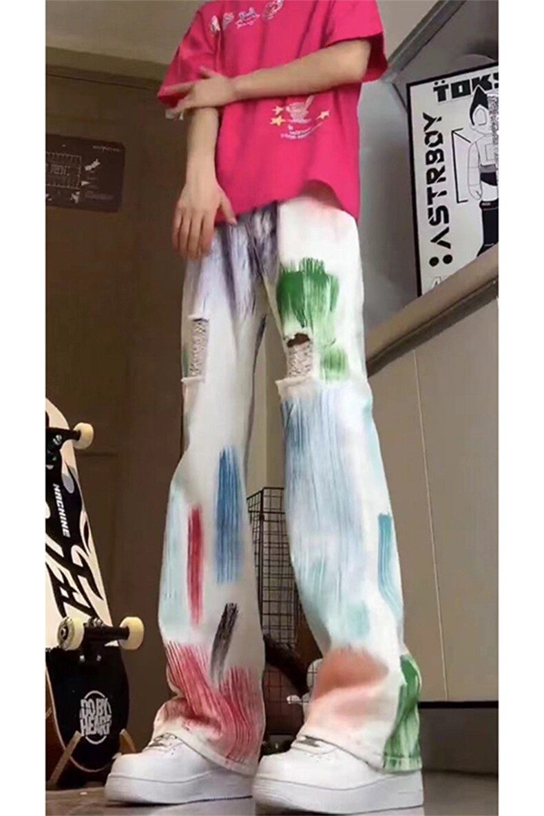 美式ins高街hiphop破洞多巴胺彩色涂鸦牛仔货号K2306P55,男装牛仔裤,电商A063