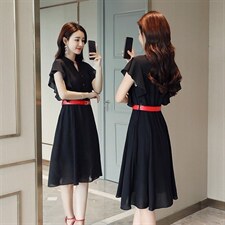 套头中腰V领连衣裙2022年夏季短袖中长款单件修身显瘦中长款，女装连衣裙，时尚俏佳人