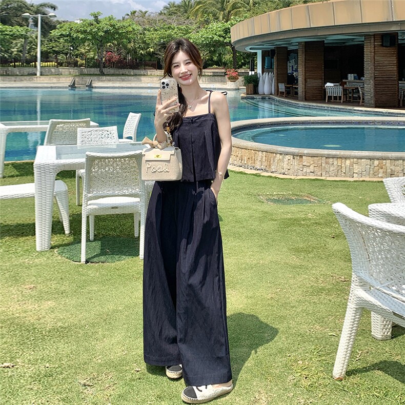 藏青色氛围感辣妹牛仔吊带背心套装女夏新款洋气薄款阔腿裤两件套,女装套装/套裙,2C271
