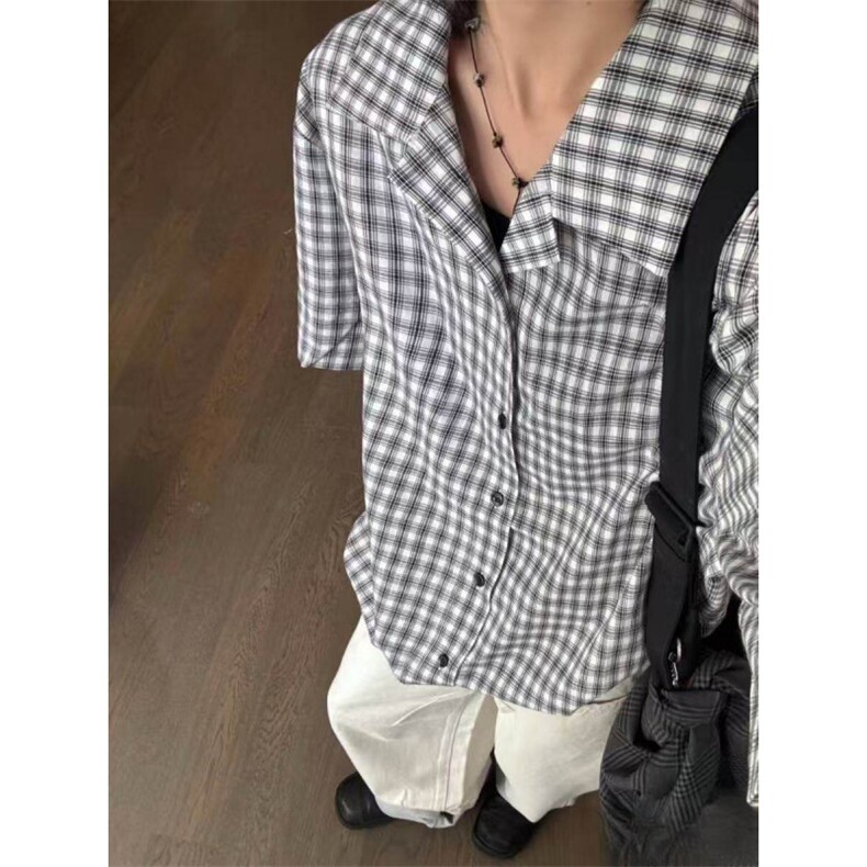 杭州出货~25新款夏季纯棉男女黑白格纹古巴领短袖衬衫CT25112批38,男装T恤,星座1004-6