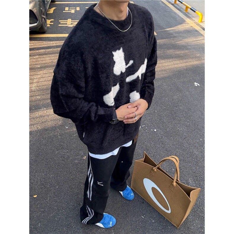 美式高街猫咪提花猫柚男女秋冬新款情侣款宽松慵懒风软糯针织衫潮,男装针织衫/毛衣,星座506A