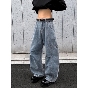 新款美式高街水洗拼接褶皱大码弯刀牛仔裤男宽松N6463-特P43控85图片