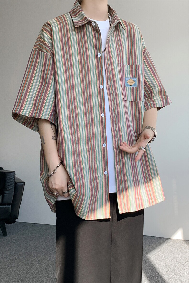 复古港风慵懒松弛感日系短袖条纹衬衫夏季情侣装短袖外套CS530P48,男装衬衫,电商D206-1