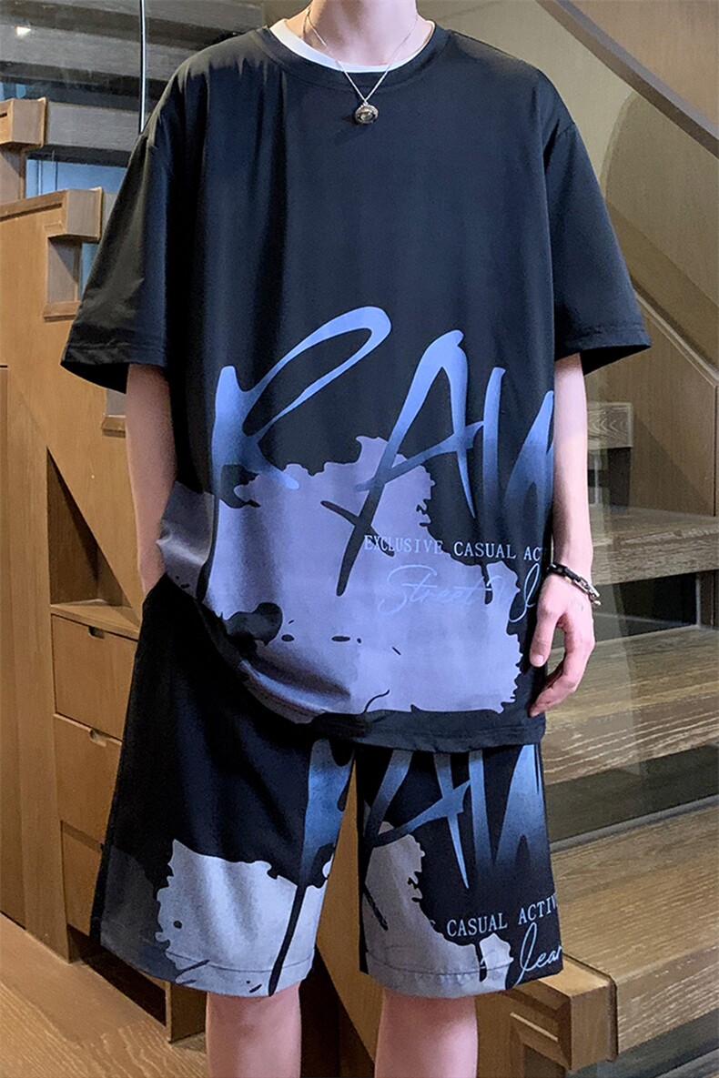 夏季冰丝高弹速干短袖短裤运动套装2407特P45控68,男装休闲套装,电商A309