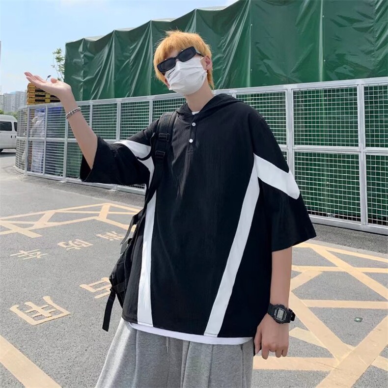 夏季七分袖男连帽卫衣宽松大码日系潮撞色仿亚麻五分短袖带帽上衣,男装卫衣,星座1013