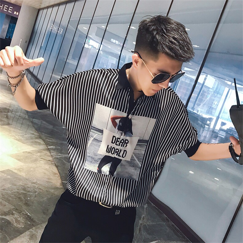 2026夏季小伙竖条纹蝙蝠袖宽松套头五分袖衬衣男C054/P58控78,男装T恤,电商A243