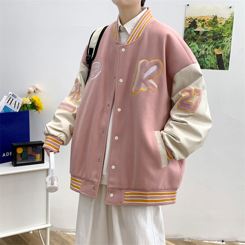 现货得物直播品质棒球服男毛巾刺绣PU皮毛呢夹克外套JK6618图片