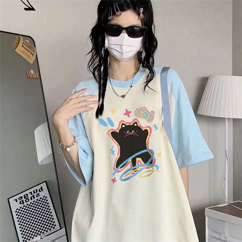 抖音得物供货240克宽松纯棉美式潮牌印花插肩袖拼接短袖T恤AT1519,男装T恤,电商A443