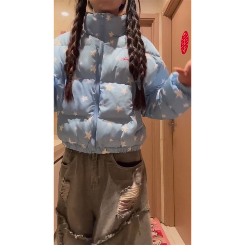 1506-1/M78051/P82女生星星满印立领短款蓝色棉服,男装棉衣,星座1506-1