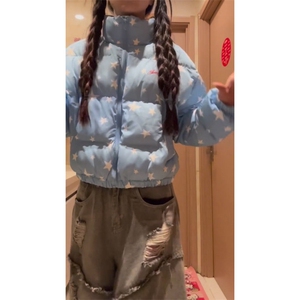 1506-1/M78051/P82女生星星满印立领短款蓝色棉服,经典匡威穿搭女生图片