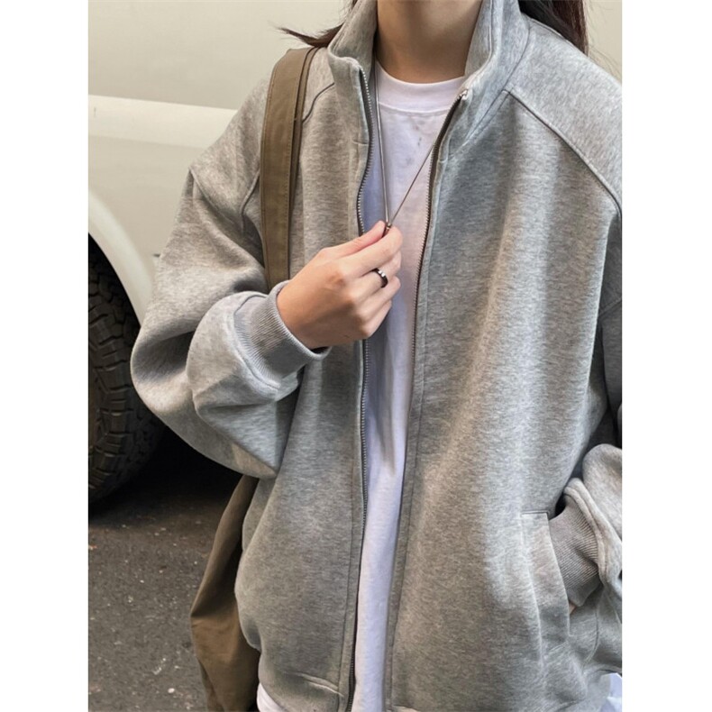 HY0735-P65网图基础款纯色开衫卫衣男女重磅宽松休闲立领短外套,女装短外套,电商C233