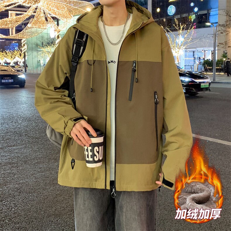 AJ129-P98冬季加绒加厚连帽冲锋衣防风防水插色拼接棉衣外套,男装棉衣,星座109