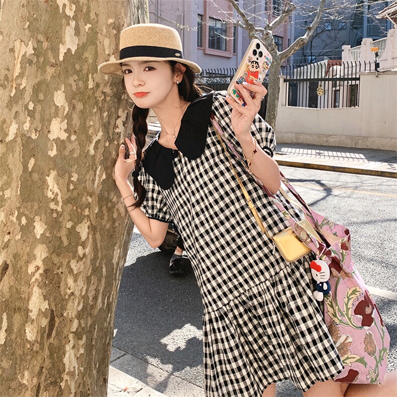 小个子娃娃领2026新款韩系格女夏纹连衣裙子182-8535P115K178,女装连衣裙,帛香坊